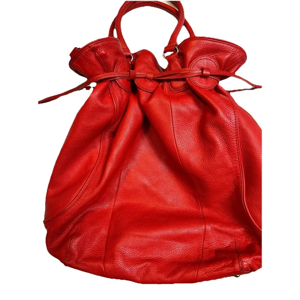 Isaac Mizrahi Live! Red Pebbled Leather Large Tote Hobo Bag Drawstring Gold Feet